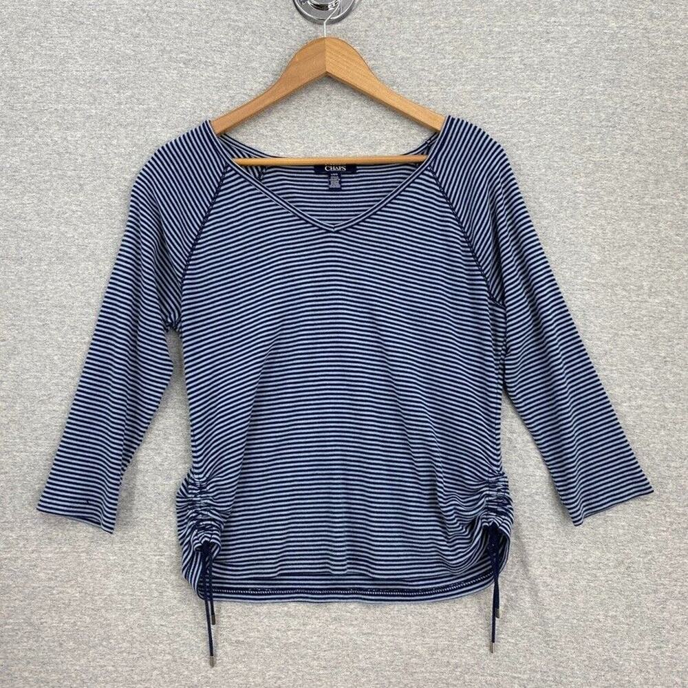 Chaps Top Womens Large Blue Striped Raglan Long Sleeves Ruched Sides VNeck